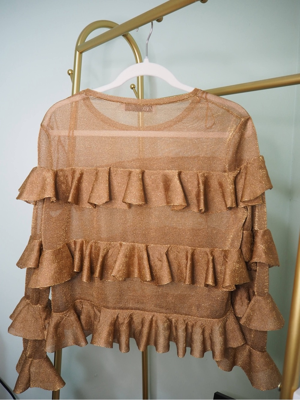 ZARA Gold Shimmer Metallic Open Mesh Multi Tiered Ruffle Blouse Top - Size S